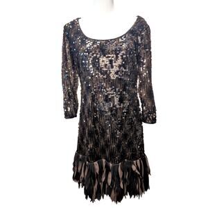 Ignite Sequin Dress Feather Fringe Brown Black Flapper Event Size 12‎ Party Fun